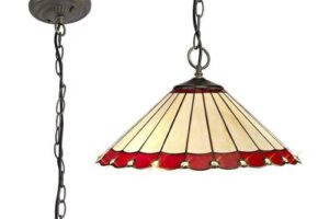 Bild von Discovery Lighting Dresden Large 3 Light Ceiling Pendant In Aged Antique Brass Finish with Red Tiffany Glass Shade