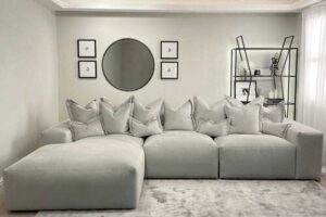 Bild von Lenox Silver Velvet Pillow Back Modular Sofa Range, Left Hand Facing
