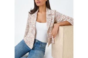 Bild von Roman Stripe Textured 3/4 Sleeve Cotton Blend Jacket 20 female